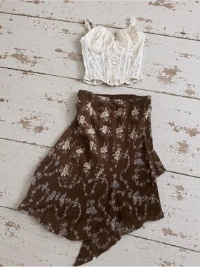Max Studio Brown Floral Silk Asymmetrical Midi Skirt